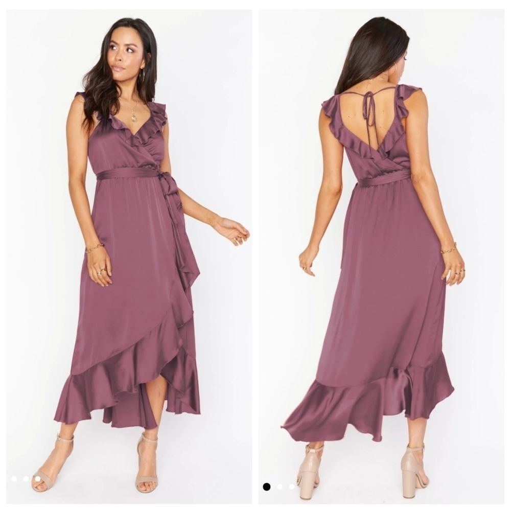 NWOT Show Me Your MuMu Samantha Ruffle Wrap Dress Dusty Plum Luxe Satin XL